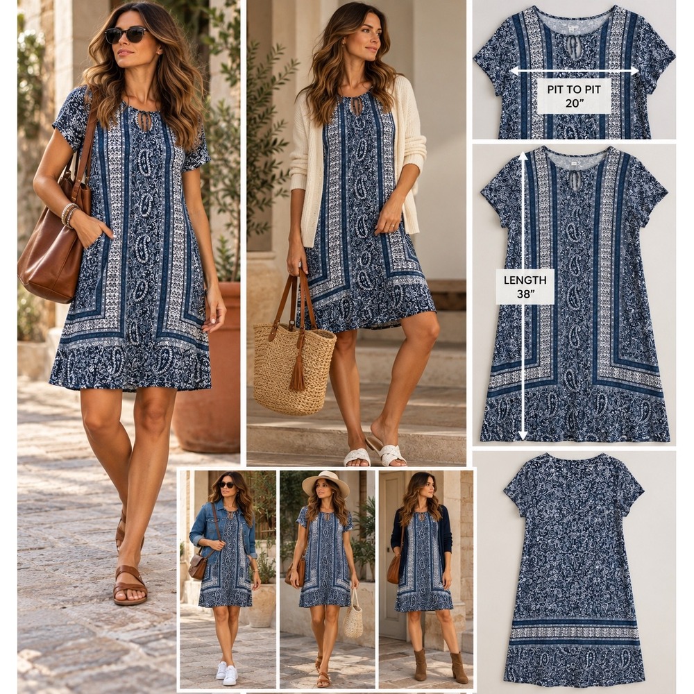J.Jill Petite L Indigo Paisley Border Print Shift Dress Boho Coastal Stretch